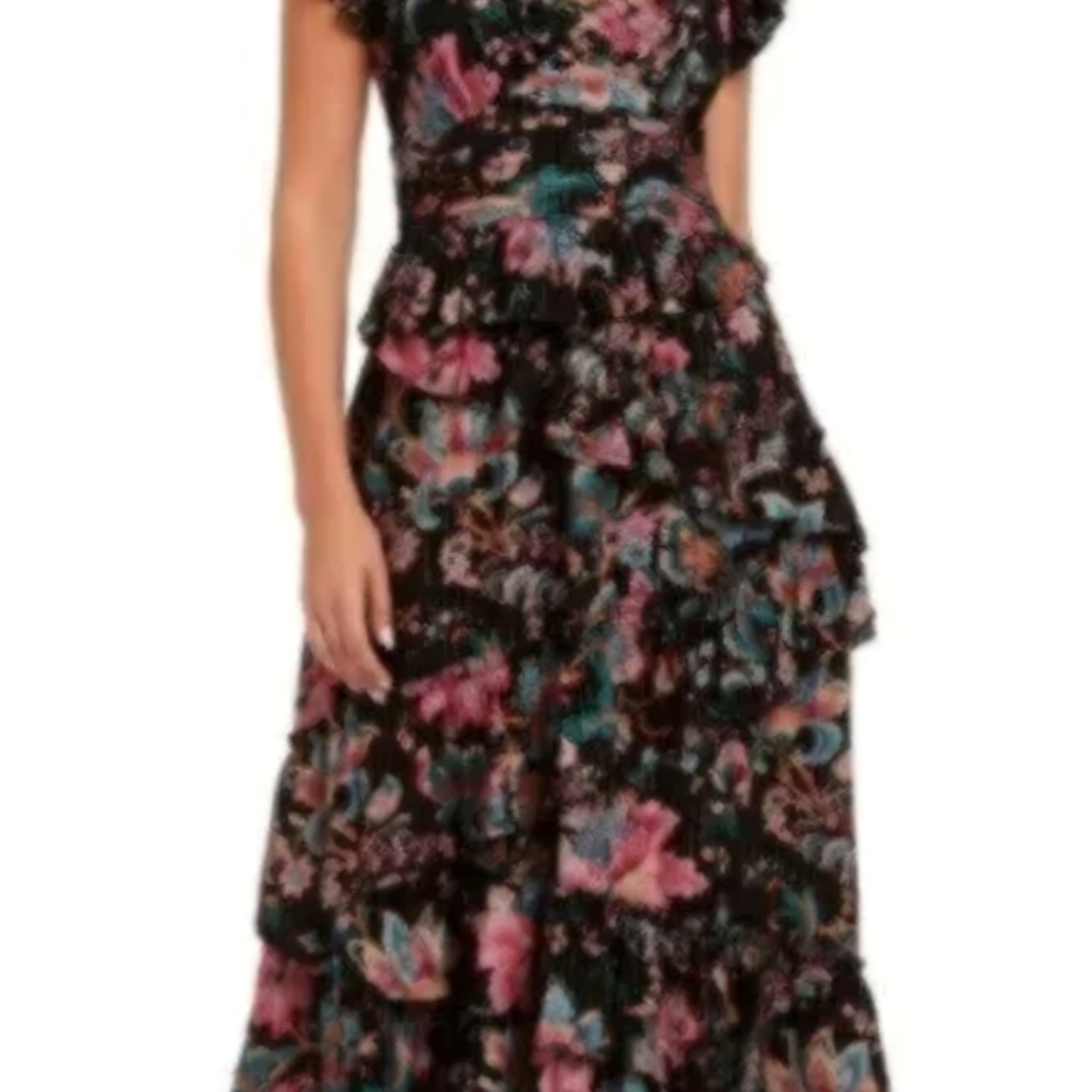 LOVE THE LABEL Elegant Floral Tiered Maxi Dress SMALL 1402